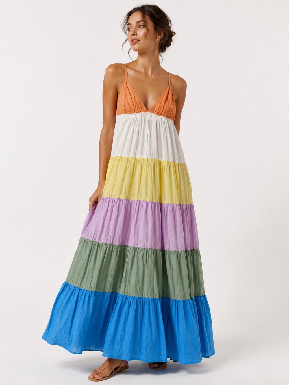 Roxy Colorblock Tiered Maxi Dress Women’s XL Cotton Coastal Boho Sundress